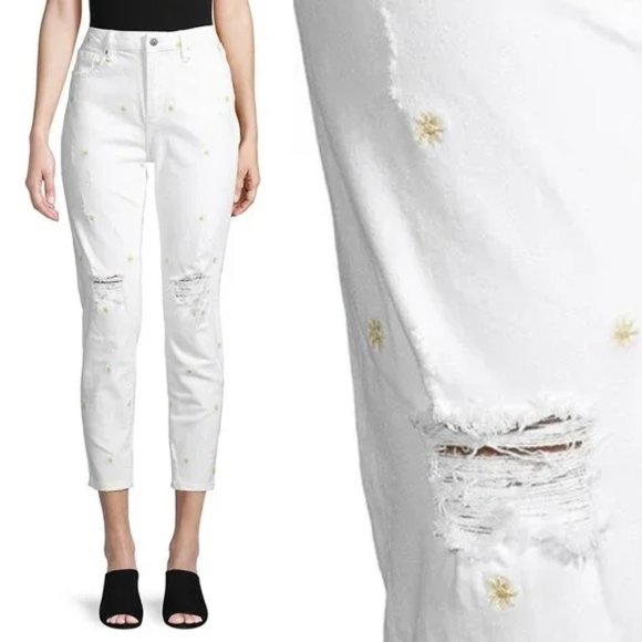 NEW Driftwood Women Embroidered Floral Daisy Distressed Crop Ankle Ripped Pants - Picture 1 of 6